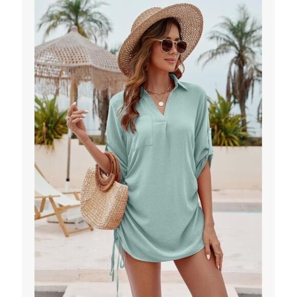 Bluetime Women's Bathing Suit Cover Up V Neck 3/4 Sleeve Casual 2XL Sage Green - Picture 13 of 13